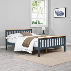 Marta Solid Wooden Shaker Style Double Bed In Blue And Oak