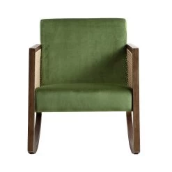 Fyne Moss Green Velvet Rocking Armchair With Rattan Armrests -Garden Store ACH 40 GREEN WALN WB2