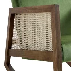 Fyne Moss Green Velvet Rocking Armchair With Rattan Armrests -Garden Store ACH 40 GREEN WALN detail2