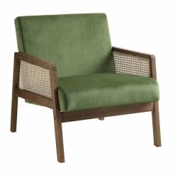 Fyne Moss Green Velvet Walnut Frame Rattan Armchair -Garden Store ACH 608 GREENVEL WALN WB1