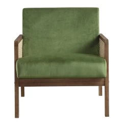 Fyne Moss Green Velvet Walnut Frame Rattan Armchair -Garden Store ACH 608 GREENVEL WALN WB2