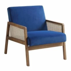 Fyne Navy Blue Velvet Walnut Frame Rattan Armchair -Garden Store ACH 608 NAVYVEL WALN WB1