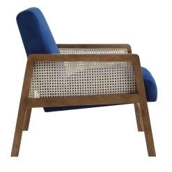 Fyne Navy Blue Velvet Walnut Frame Rattan Armchair -Garden Store ACH 608 NAVYVEL WALN WB3