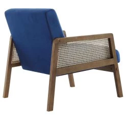Fyne Navy Blue Velvet Walnut Frame Rattan Armchair -Garden Store ACH 608 NAVYVEL WALN WB4