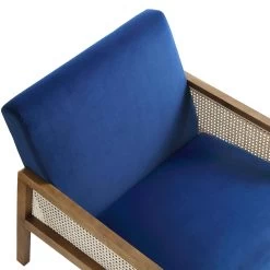 Fyne Navy Blue Velvet Walnut Frame Rattan Armchair -Garden Store ACH 608 NAVYVEL WALN detail1