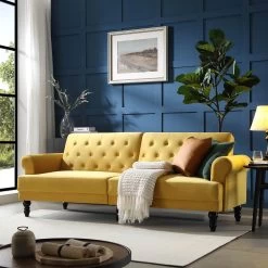 Hanney 3-Seater Chesterfield Sofabed In Mustard Yellow Velvet -Garden Store AYSF 011 MUSTARD VEL scene1 02ab6af4 aa90 4ca6 bf46 841aa36bc574