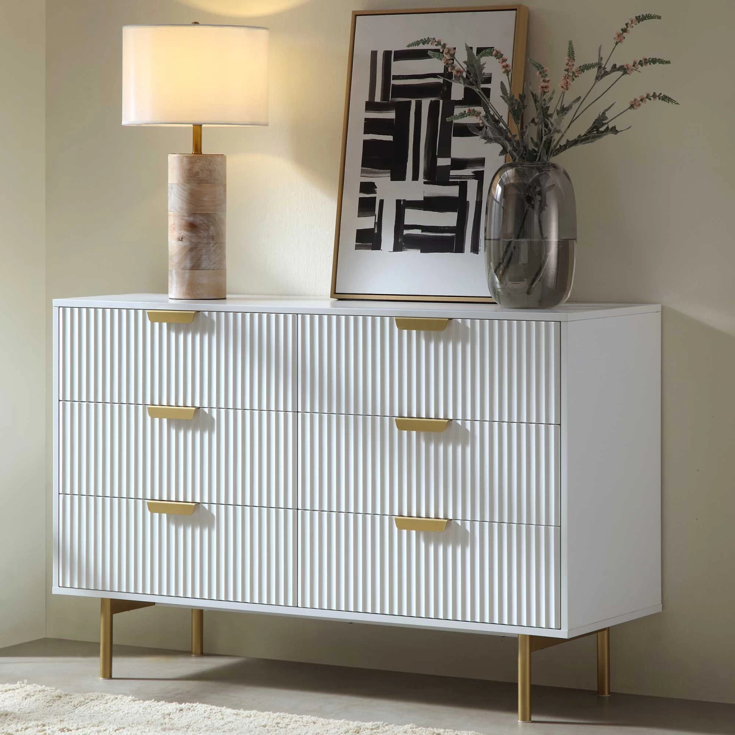 Richmond Ridged Wide Chest Of 6 Drawers, Matte White 3 Richmond Ridged Wide Chest Of 6 Drawers, Matte White