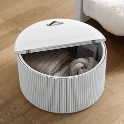 Maru Oak Round Coffee Table With Storage, Washed White 17 Maru Oak Round Coffee Table With Storage, Washed White -Garden Store BSD 140 WHITE scene2