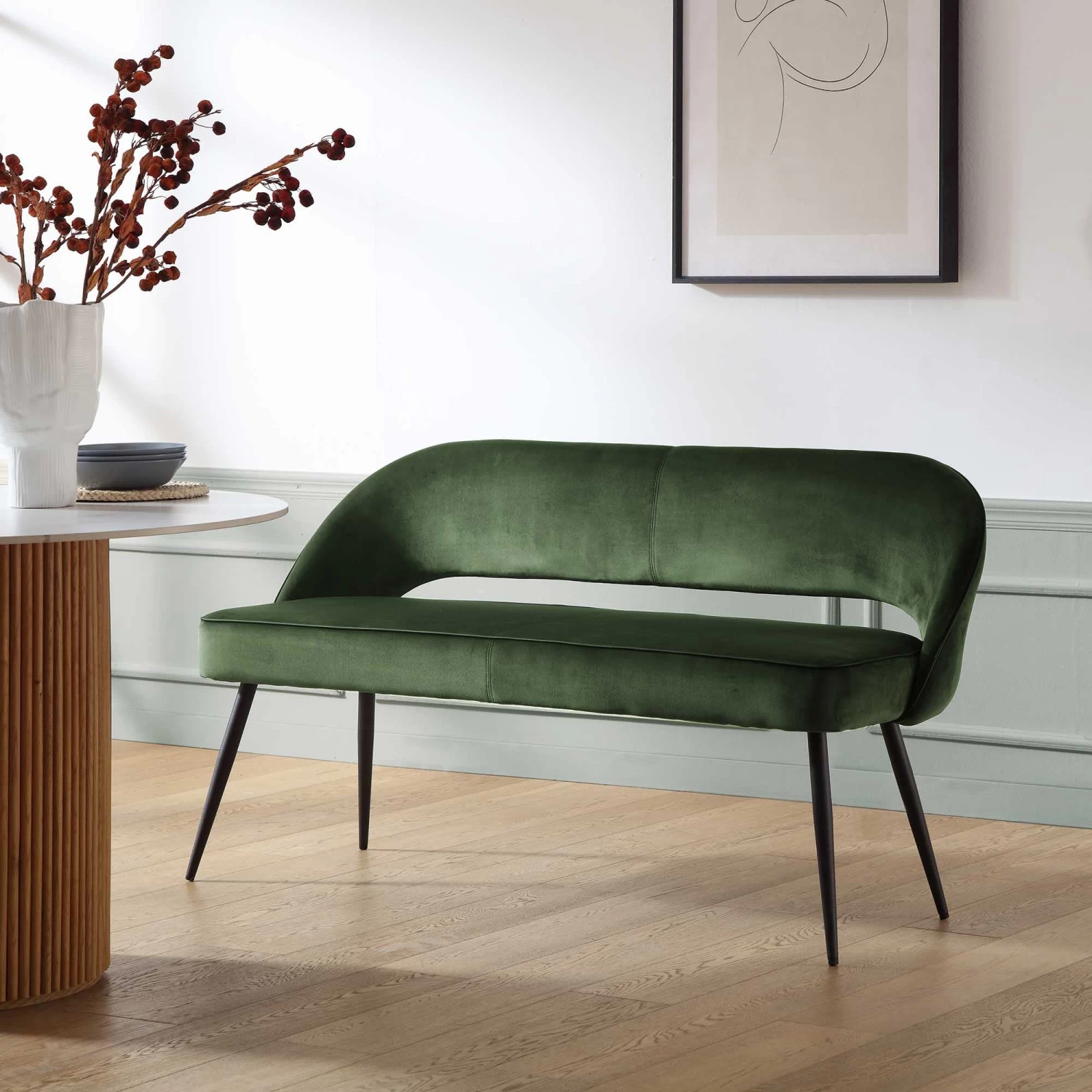 Oakley Dark Green Velvet Upholstered 3 Seater Dining Bench With Contrast Piping 3 Oakley Dark Green Velvet Upholstered 3 Seater Dining Bench With Contrast Piping