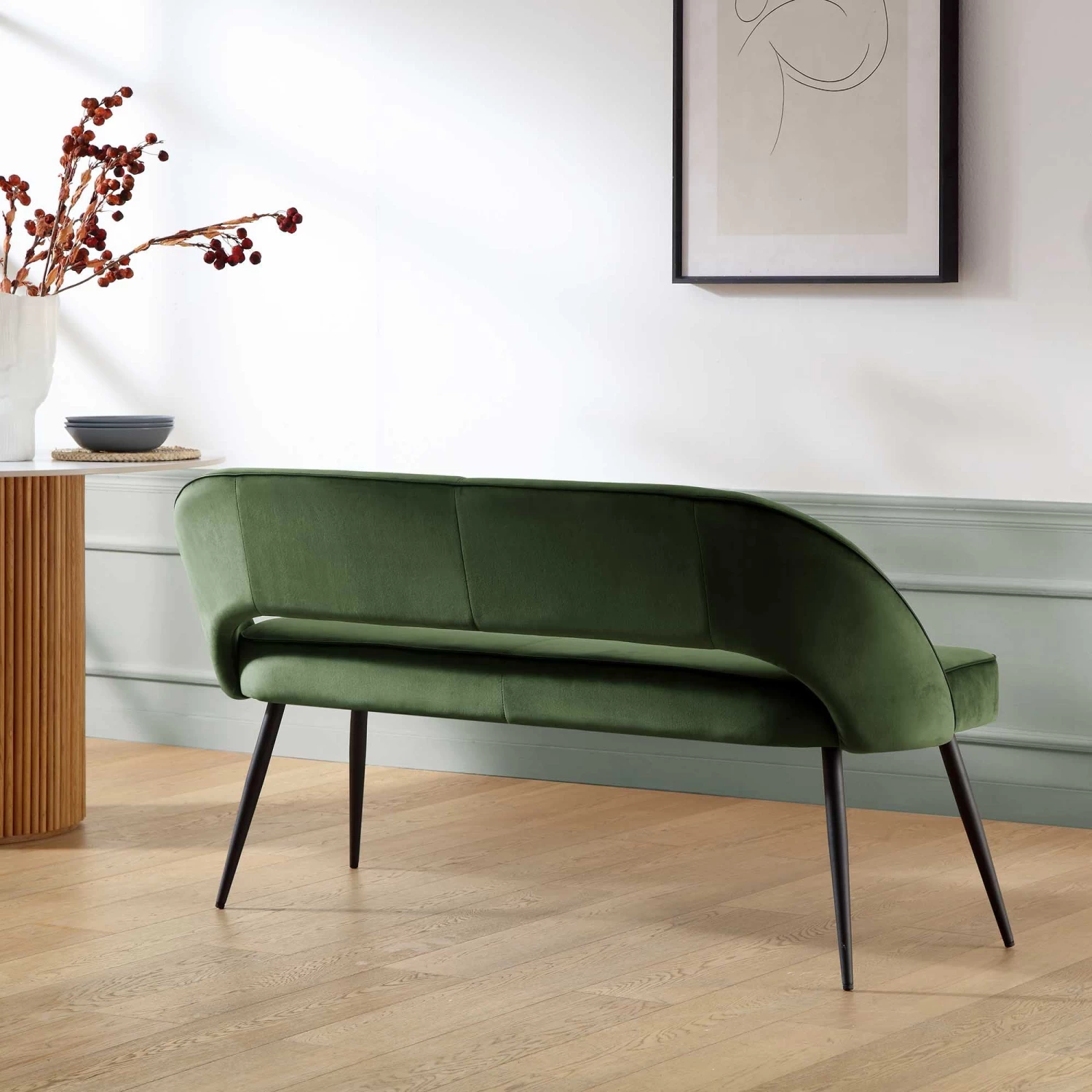 Oakley Dark Green Velvet Upholstered 3 Seater Dining Bench With Contrast Piping 4 Oakley Dark Green Velvet Upholstered 3 Seater Dining Bench With Contrast Piping - Image 2