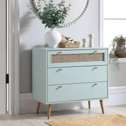 Anya Woven Rattan Chest Of 3 Drawer In Mint Colour