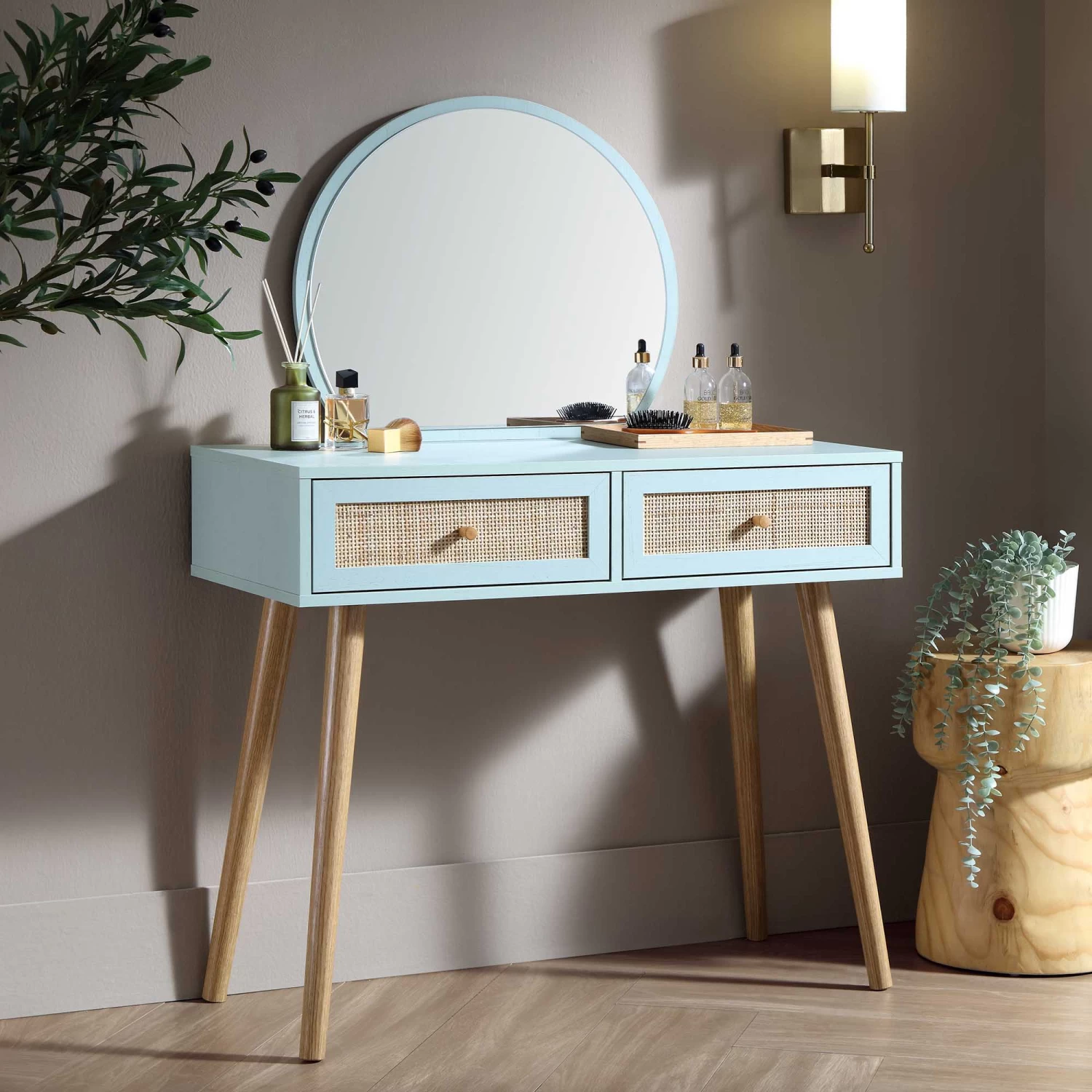 Frances Woven Rattan Dressing Table With Mirror, Mint 3 Frances Woven Rattan Dressing Table With Mirror, Mint