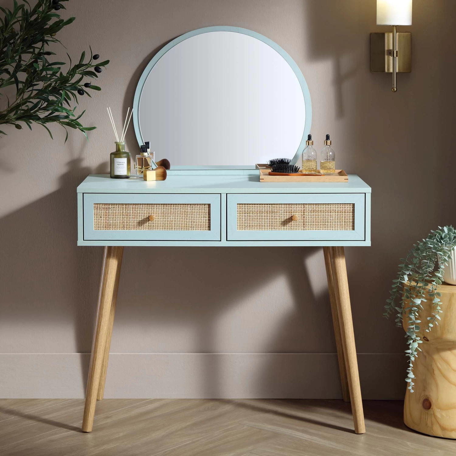 Frances Woven Rattan Dressing Table With Mirror, Mint 4 Frances Woven Rattan Dressing Table With Mirror, Mint - Image 2
