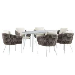 Montebello 6-Seater Outdoor Taupe Rope And Aluminium Oval Dining Set With White Ceramic Dining Table -Garden Store OD DINE 1072 WHITE WB3