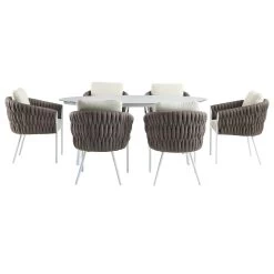 Montebello 6-Seater Outdoor Taupe Rope And Aluminium Oval Dining Set With White Ceramic Dining Table -Garden Store OD DINE 1072 WHITE WB4