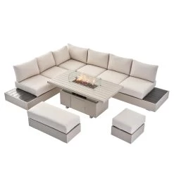 Jardin Aluminium Large Corner Casual Dining Set With Rising Firepit Table, Pumice 20 Jardin Aluminium Large Corner Casual Dining Set With Rising Firepit Table, Pumice -Garden Store OD DINE 906 PUMICE SET WB1