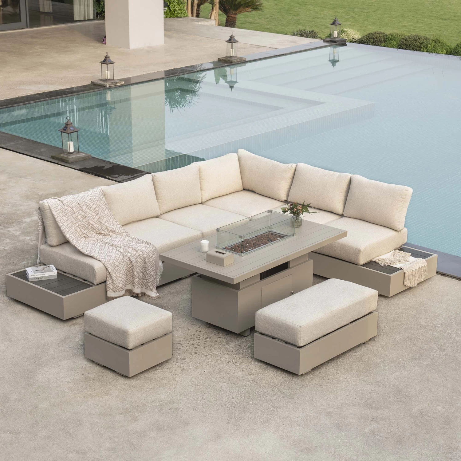 Jardin Aluminium Large Corner Casual Dining Set With Rising Firepit Table, Pumice 4 Jardin Aluminium Large Corner Casual Dining Set With Rising Firepit Table, Pumice - Image 2