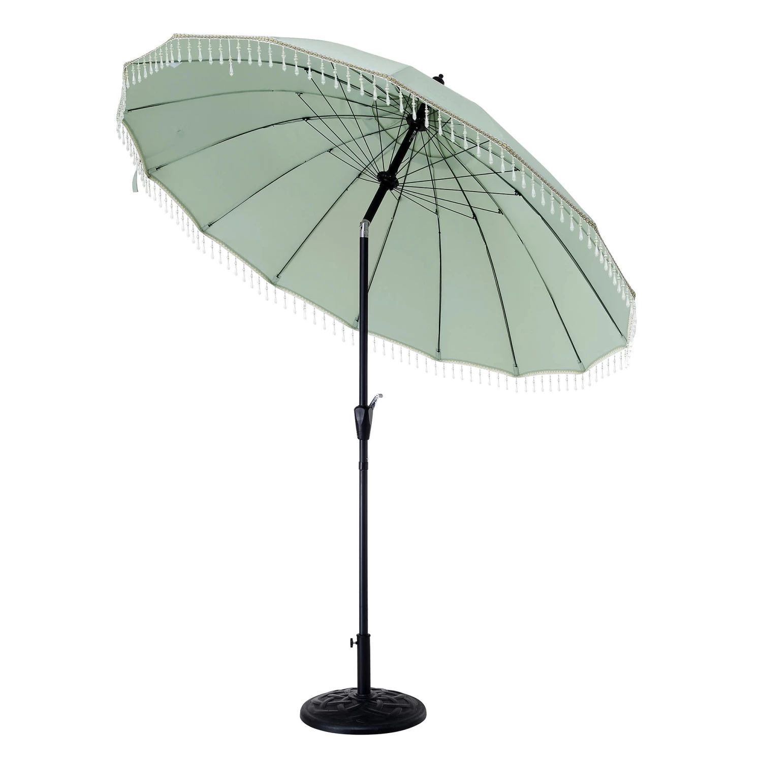 Hacienda 2.4M Sage Green Beaded Carousel Garden Parasol With Fringe Tassels And Aluminium Tilt 4 Hacienda 2.4M Sage Green Beaded Carousel Garden Parasol With Fringe Tassels And Aluminium Tilt - Image 2