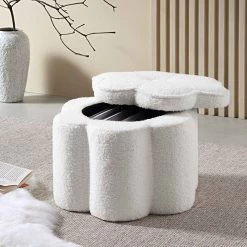 Pollie White Teddy Boucle Storage Stool -Garden Store POUF 291 WHITE TEDDY scene1