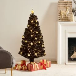 Fibre Optic Artificial Black Pine Christmas Tree With Pre-lit Warm White LED Lights (4ft To 6ft)