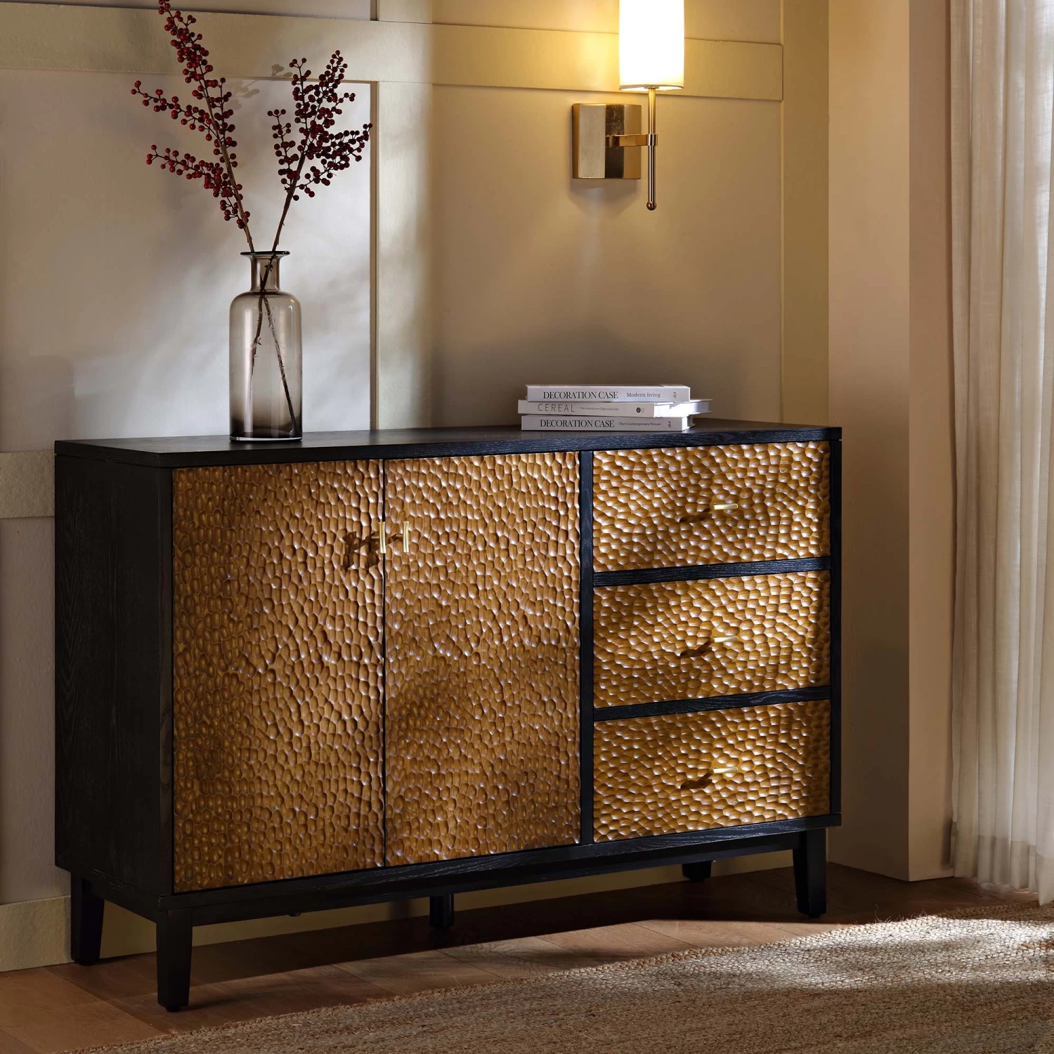 Bianca Chip Carved 2-Door 3-Drawer Sideboard, Antique Bronze & Black 4 Bianca Chip Carved 2-Door 3-Drawer Sideboard, Antique Bronze & Black - Image 2