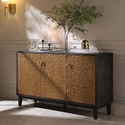 Bianca Chip Carved 3 Door Sideboard, Antique Bronze & Black