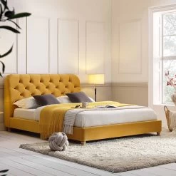Leamington Deep-Buttoned Upholstered Bed, Turmeric Yellow Velvet -Garden Store ZX 1063 MUST VEL main
