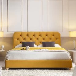 Leamington Deep-Buttoned Upholstered Bed, Turmeric Yellow Velvet -Garden Store ZX 1063 MUST VEL scene1
