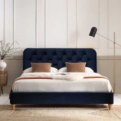 Leamington Deep-Buttoned Upholstered Bed, Midnight Blue Velvet 19 Leamington Deep-Buttoned Upholstered Bed, Midnight Blue Velvet -Garden Store ZX 1063 NAVY VEL scene2