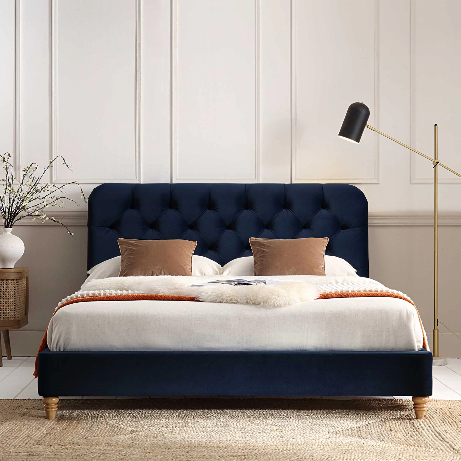 Leamington Deep-Buttoned Upholstered Bed, Midnight Blue Velvet 5 Leamington Deep-Buttoned Upholstered Bed, Midnight Blue Velvet - Image 3