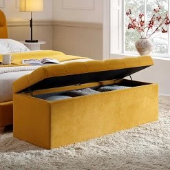 Leamington Deep-Buttoned Ottoman Storage Bench, Turmeric Yellow Velvet -Garden Store ZX 2183 MUST VEL scene2